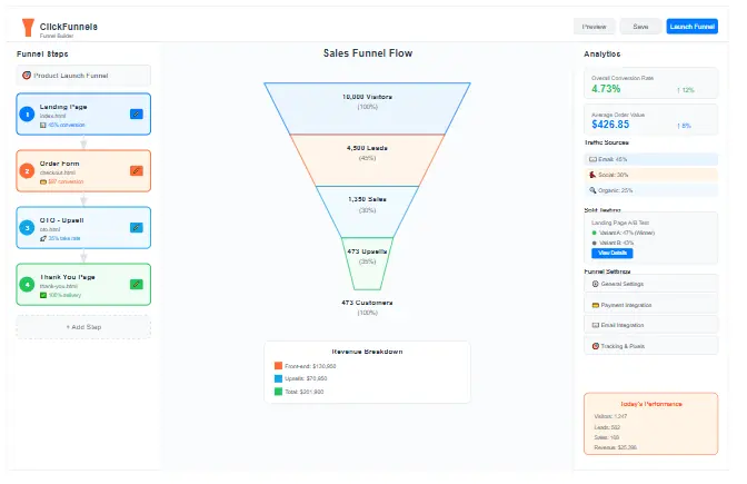 ClickFunnels sales funnel builder dashboard showing a multi-step marketing funnel