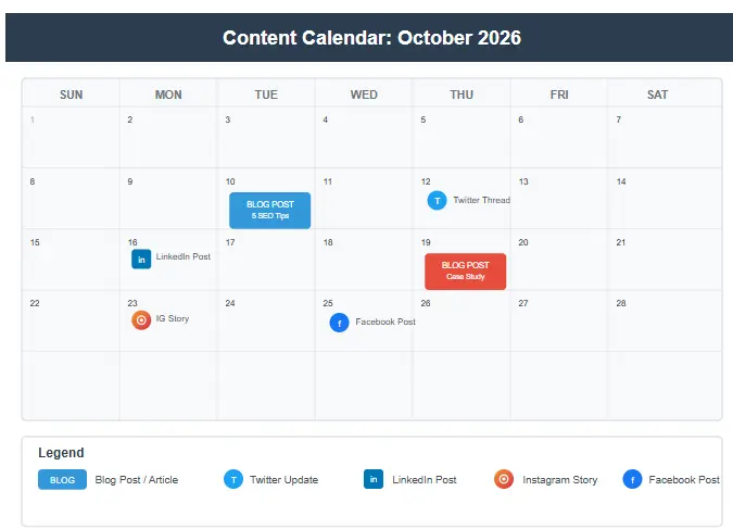 A visual content calendar planner with scheduled blog posts and social media updates