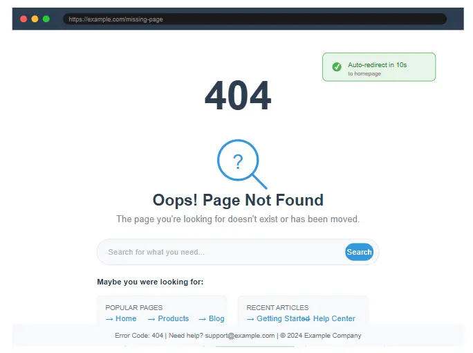 Example of a helpful custom 404 page, a key element in a strategy to fix 404 errors and retain users.