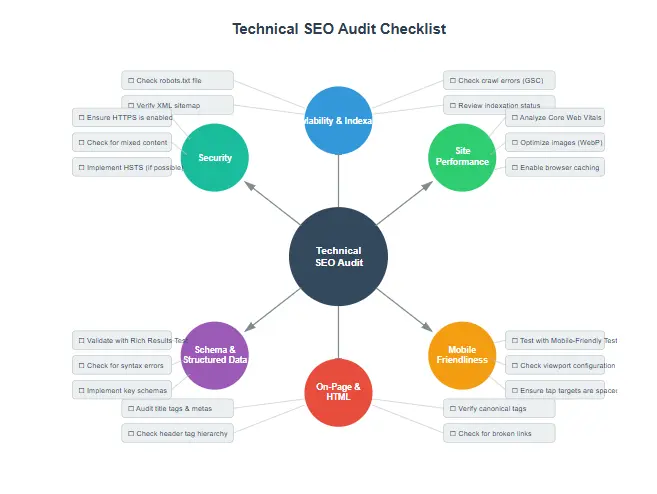 Diagram showing technical SEO audit checklist items like site speed, mobile-friendliness, and schema markup