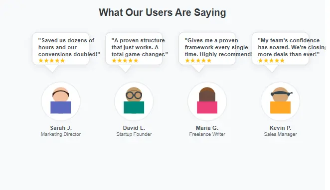 Diverse group of professionals giving testimonials, representing the social proof for a sales page copywriting template.