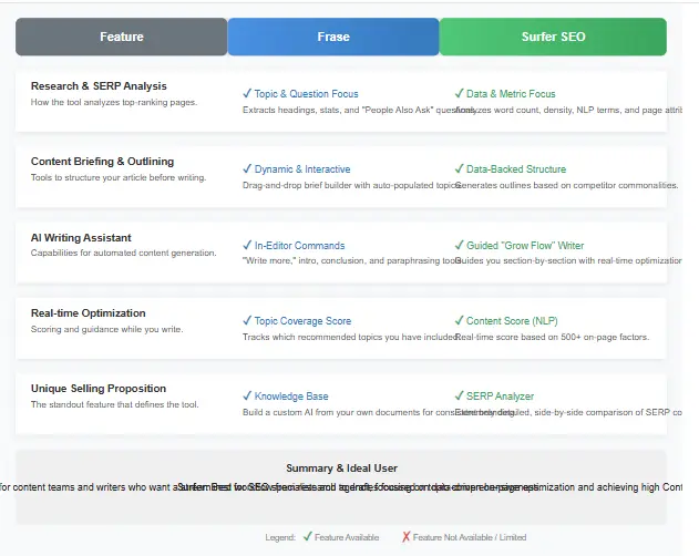 A side-by-side comparison chart of Frase and Surfer SEO features.