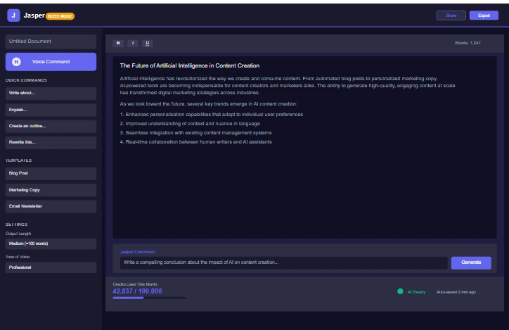 Jasper AI Writing Tool Boss Mode Interface