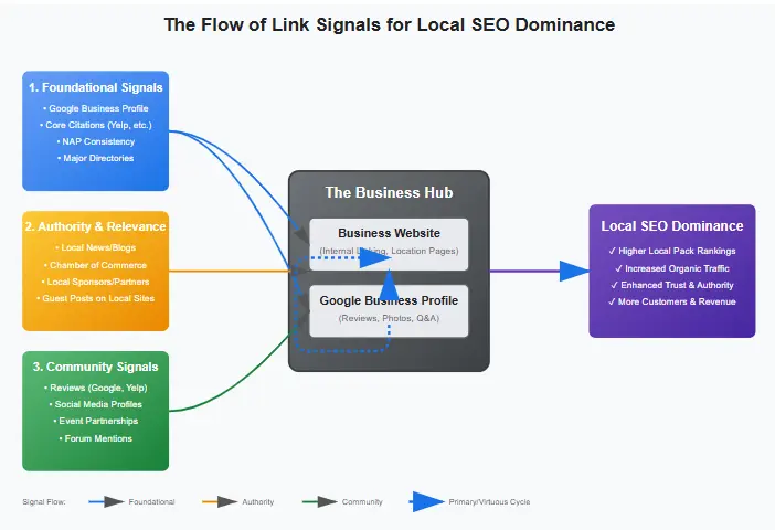 Link Building for Local SEO:Diagram illustrating the flow of link signals for local SEO dominance