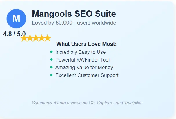 Positive customer reviews and ratings for Mangools SEO suite