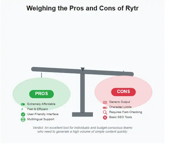 A balance scale illustrating the pros and cons of using Rytr
