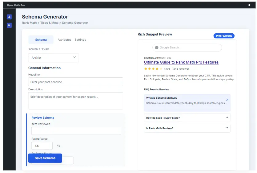 Rank Math Pro schema generator showing structured data rich snippet setup