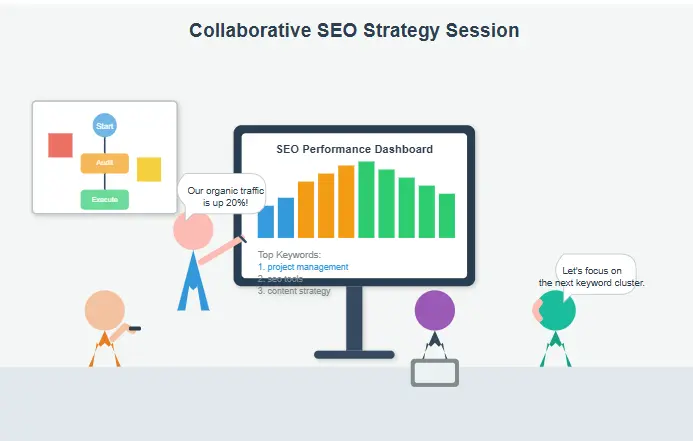 A team collaborating on an SEO project, illustrating communication and strategy