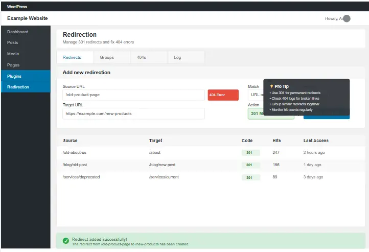 How to fix 404 errors in WordPress using the Redirection plugin interface for creating 301 redirects.