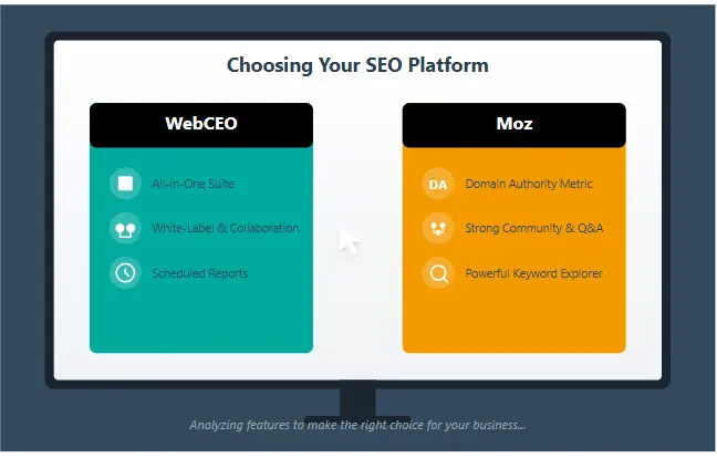 Choosing between WebCEO and Moz SEO software platforms on a digital screen