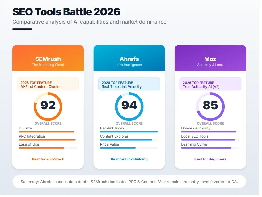 Moz vs SEMrush vs Ahrefs best SEO tools 2026 comparison chart