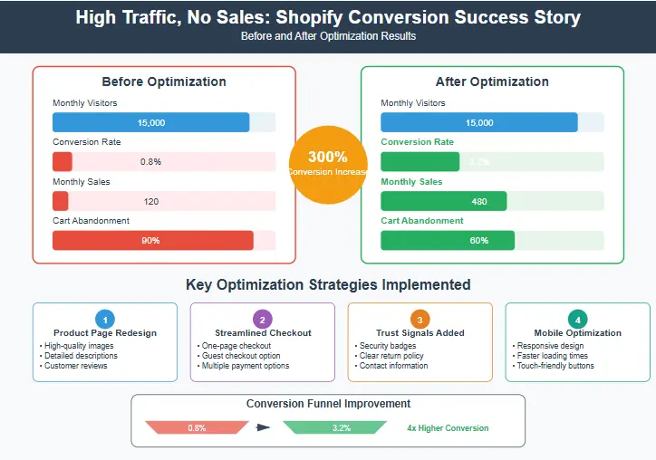 High traffic no sales - Shopify: Before and after conversion rate improvement showing successful optimization results