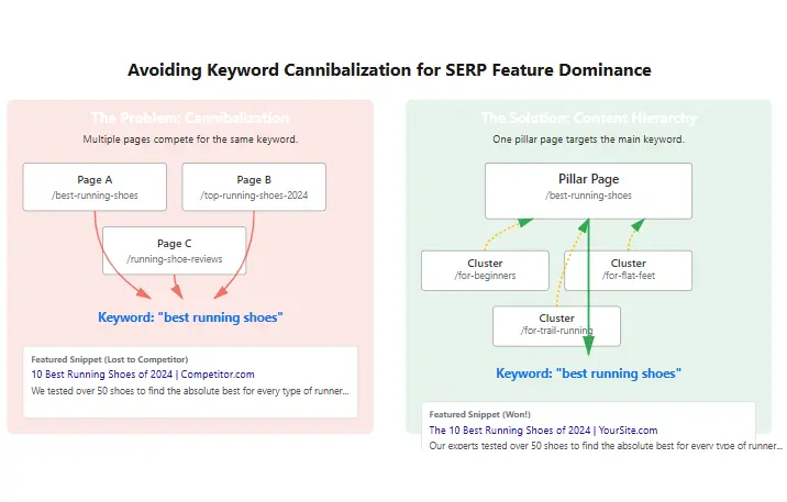 Keyword cannibalization analysis showing multiple pages competing for the same keywords