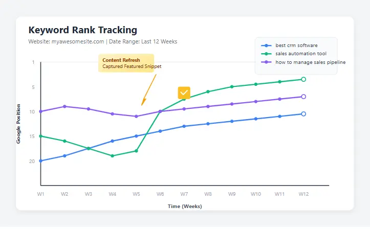 SEO rank tracking graph showing keyword position changes over time for a website