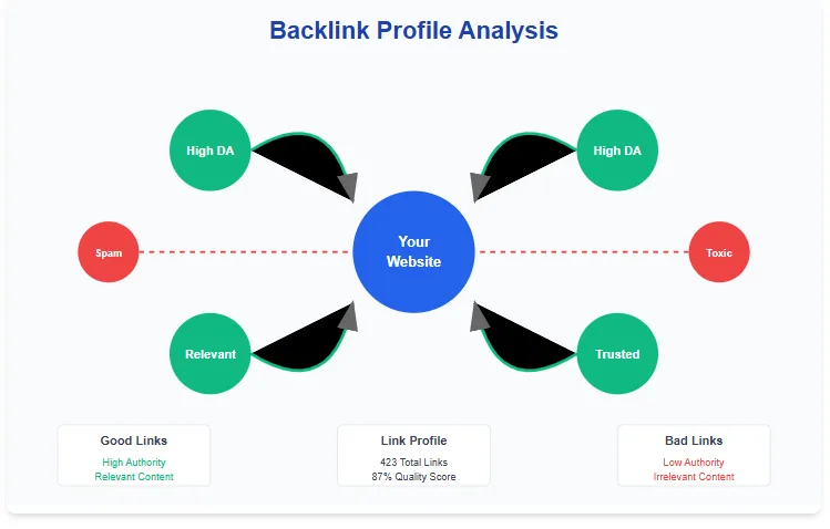 Advanced SEO audit checklist showing backlink profile analysis and link quality evaluation
