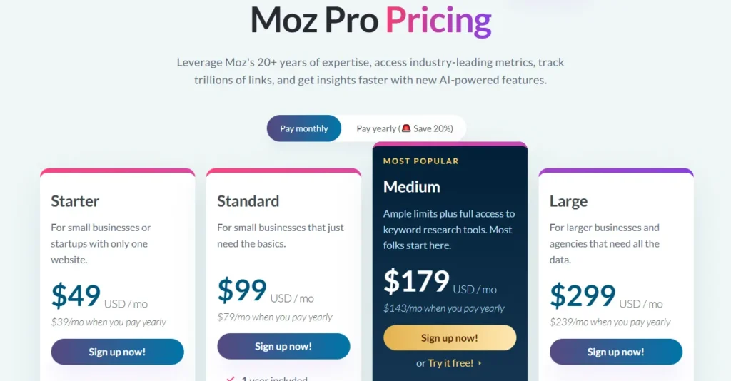 Moz Pro Pricing plans overview for beginners and agencies