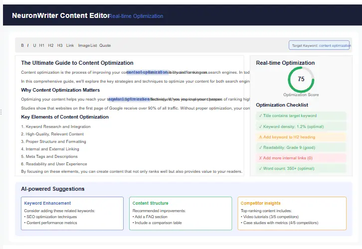 NeuronWriter content editor with real-time optimization in this neuronwriter review