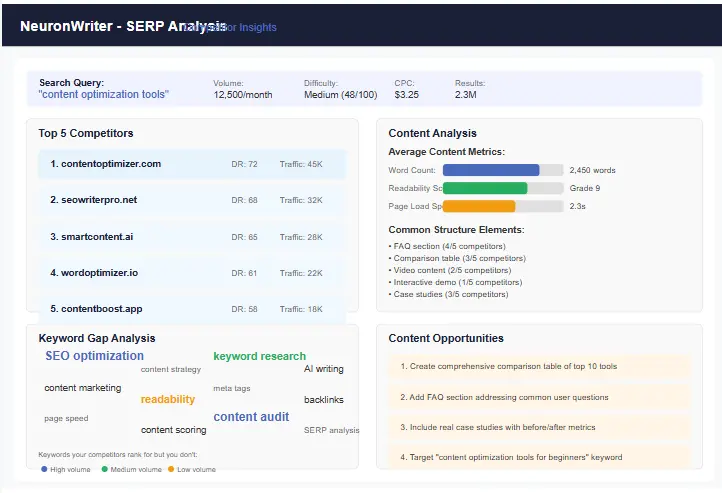 NeuronWriter SERP analysis tool comparing competitor keyword usage and headings structure on a laptop screen