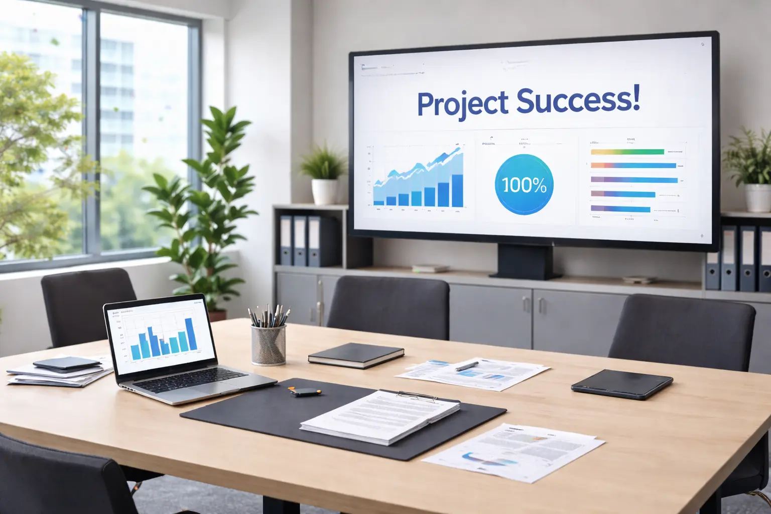 A happy and successful business team celebrating a project milestone together in a modern office.