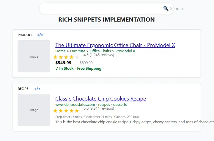 Rich snippets implementation showing schema markup and resulting enhanced search listings
