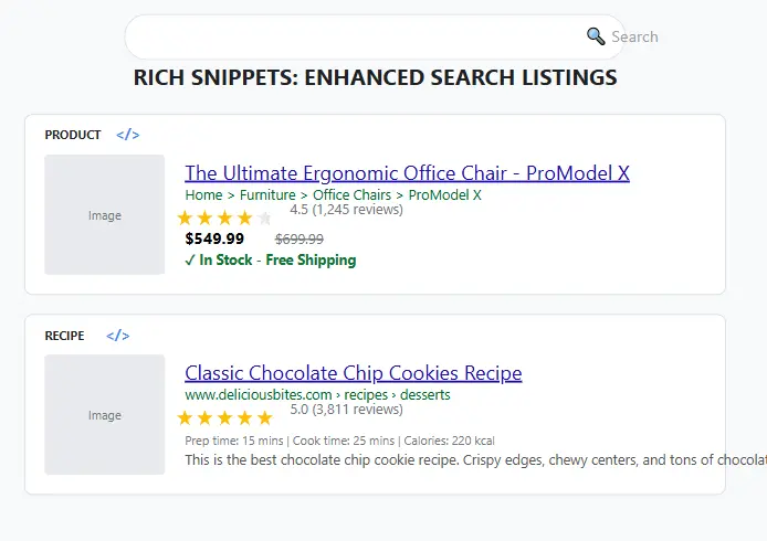 SERP Feature Optimization: Rich snippets in search results showing enhanced listings with star ratings and other visual elements