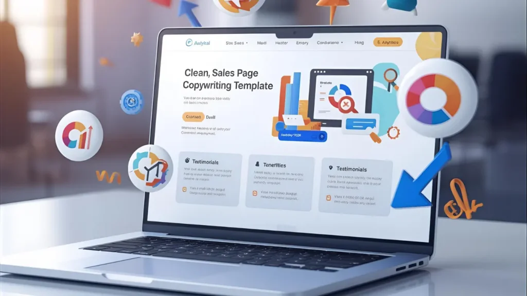 Illustration of a sales page copywriting template being used on a laptop screen.