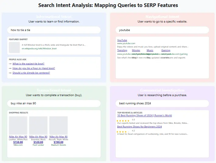 Search intent analysis showing different types of user queries and corresponding SERP features