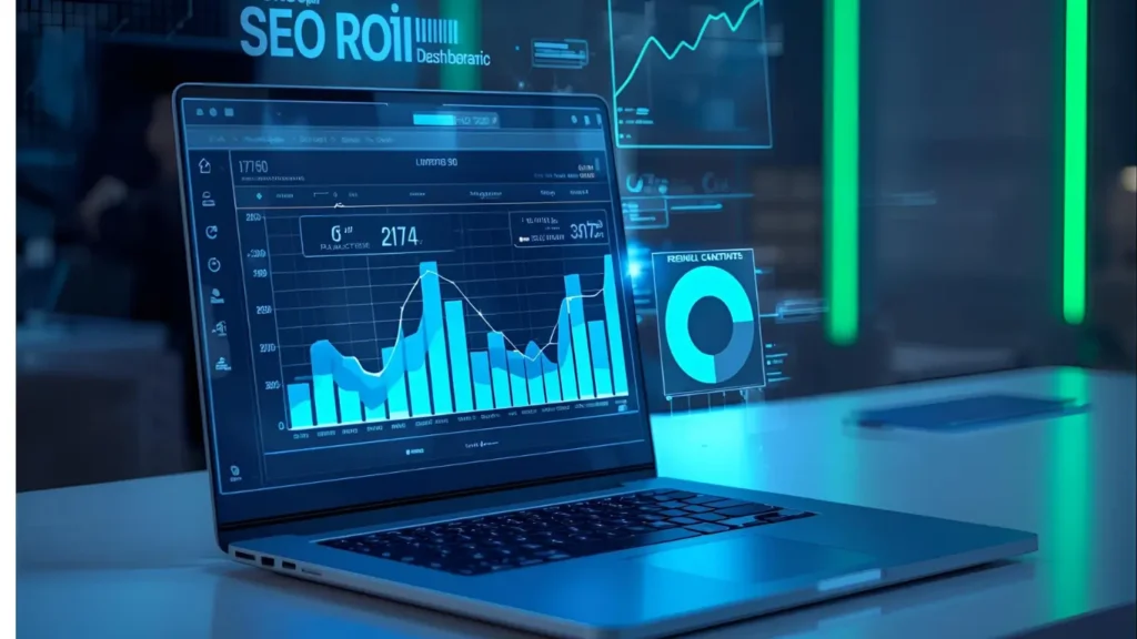 How to Measure SEO ROI – SEO ROI analysis dashboard on a laptop showing performance metrics and challenges in proving SEO value.