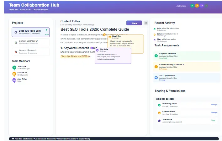 Team collaboration features in Outranking showing shared projects and commenting system