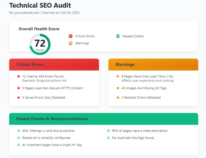 Technical SEO site audit checklist with issues like broken links and page speed identified
