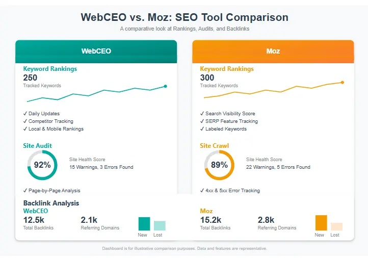 WebCEO vs Moz SEO tools comparison dashboard showing rankings, audits, and backlinks
