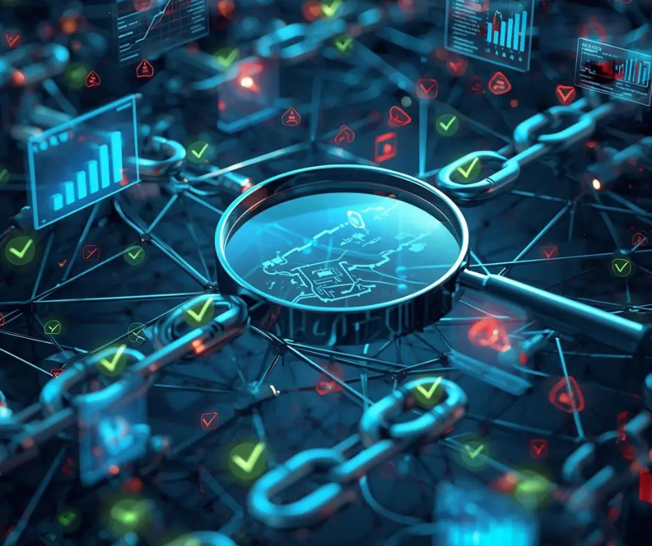 Backlink audit checklist magnifying glass analyzing a complex link network