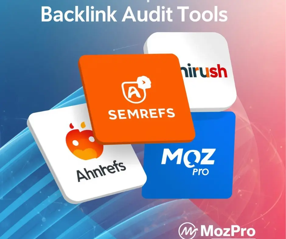Logos of popular backlink audit tools like Ahrefs, SEMrush, and Moz Pro