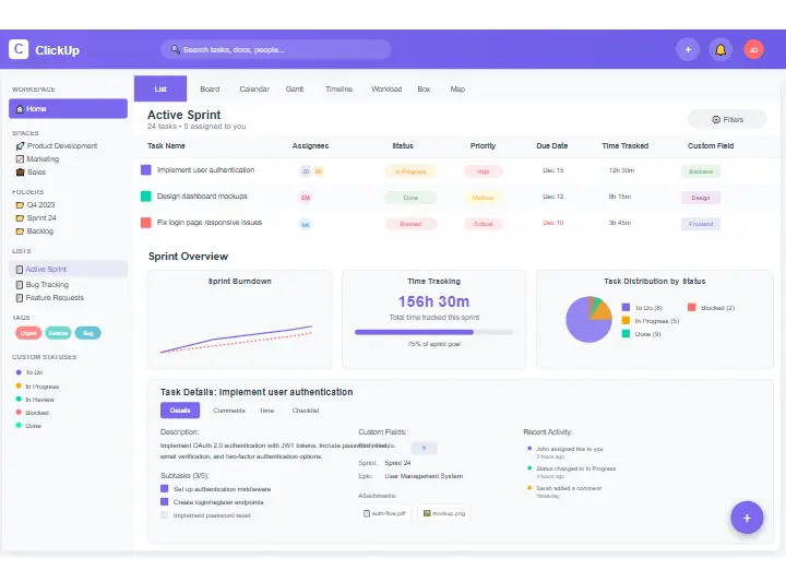 ClickUp workspace showing multiple views and customizable task management