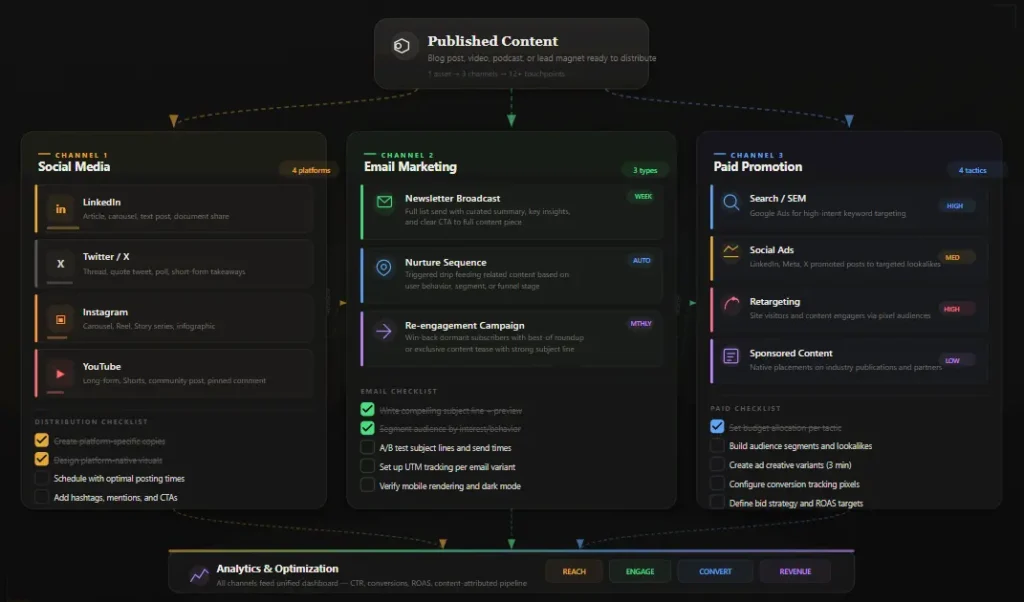Content distribution channels diagram showing social media, email, and paid promotion workflow