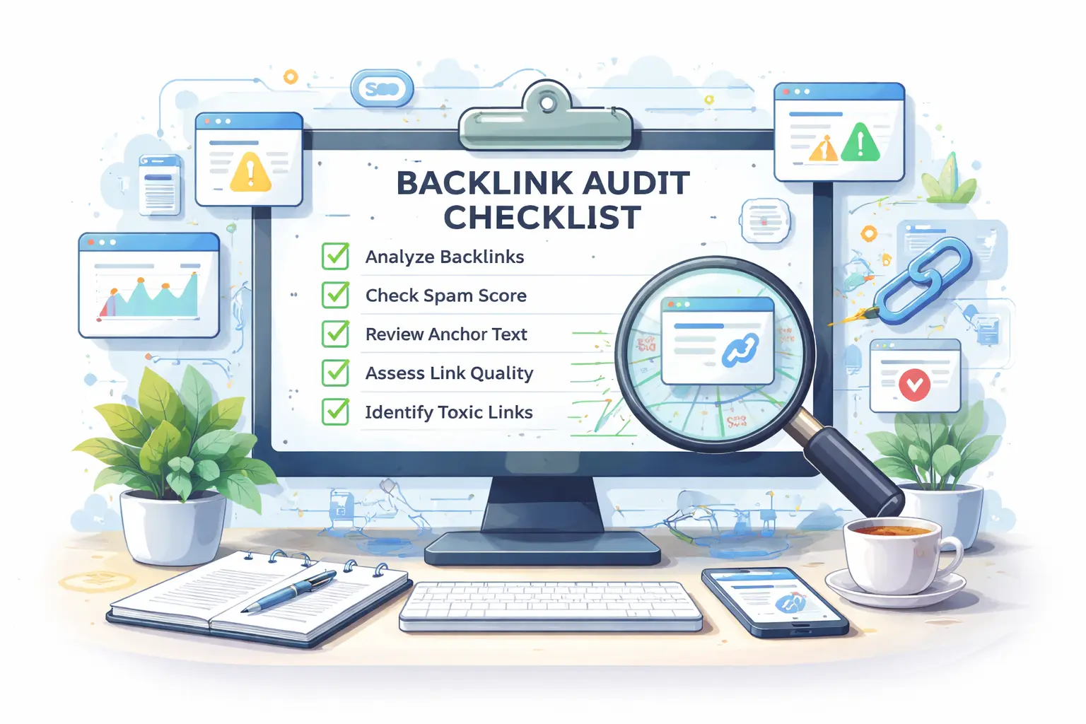 Person following a backlink audit checklist on a computer to improve SEO