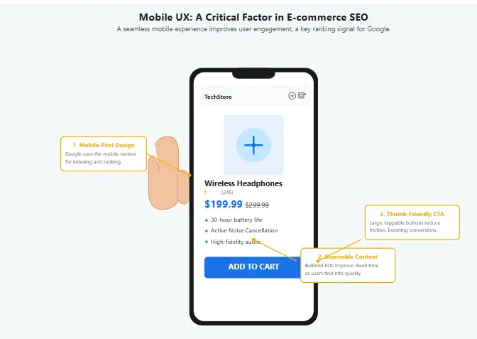 A user navigating a mobile-friendly ecommerce site, highlighting the importance of UX in an ecommerce seo audit checklist.