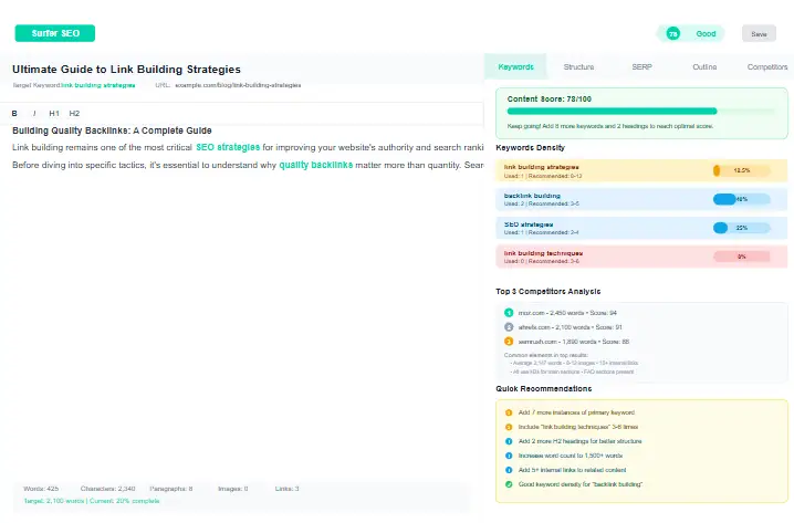 Surfer SEO content editor interface showing optimization metrics and recommendations
