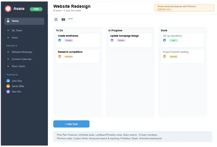 Asana free plan interface showing project management features