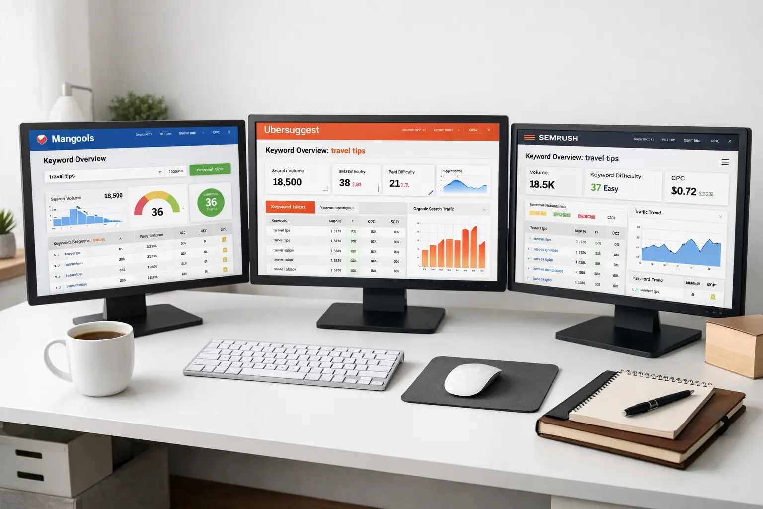 Person comparing different keyword research tools for bloggers on multiple screens
