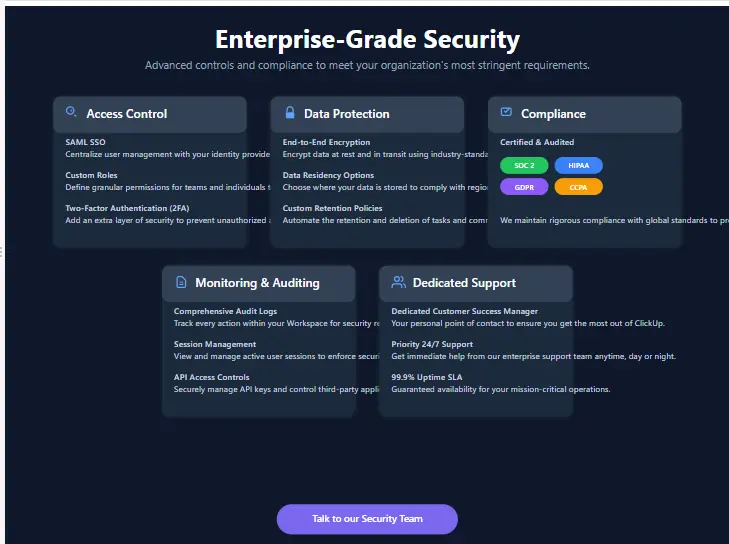 ClickUp Enterprise plan security features and compliance options