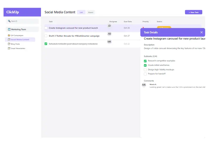 ClickUp Free Forever plan interface showing task management features