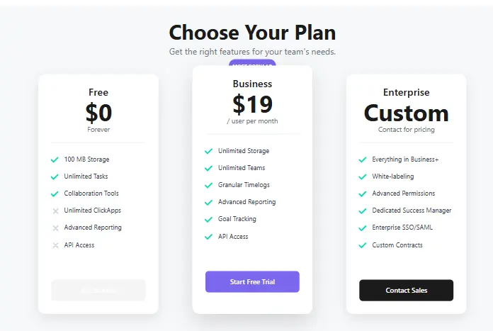 ClickUp Pricing Plans Comparison