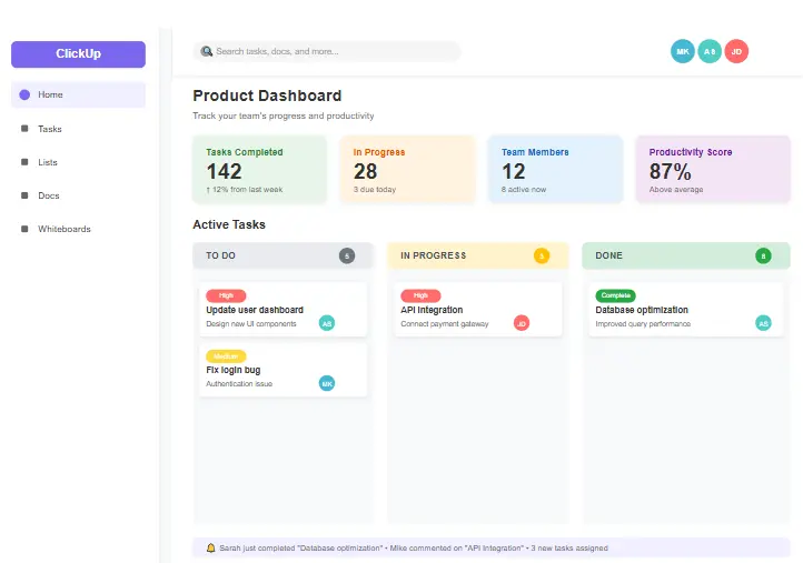 ClickUp productivity dashboard showing task management and team collaboration features