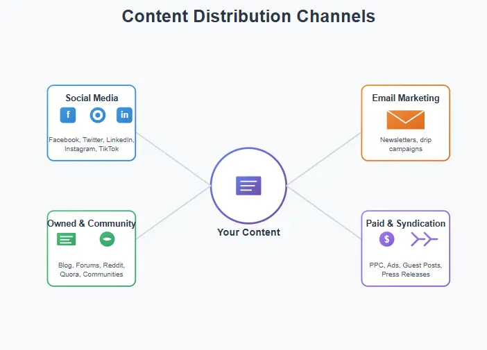 Content distribution channels showing social media, email, and other platforms