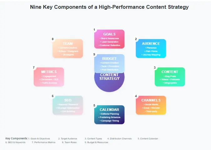Diagram illustrating the nine key components of a high-performance content strategy template