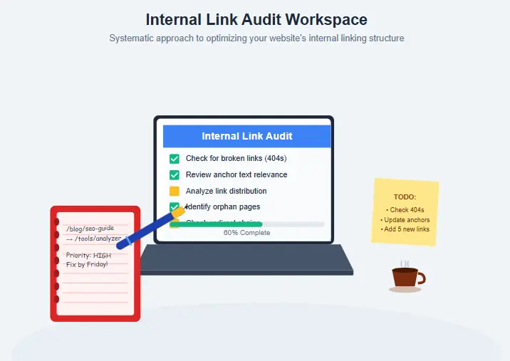 A notebook and pen next to a laptop showing an internal link audit checklist.