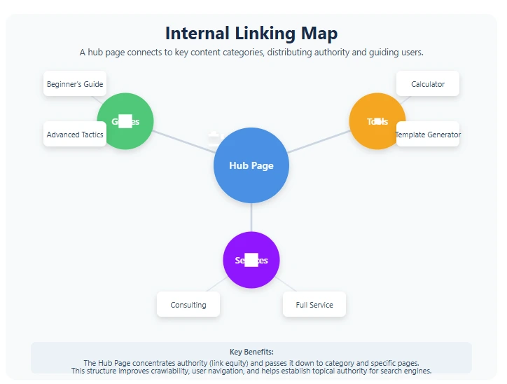 Internal linking strategy map showing how hub pages connect to guides, tools, and services for better SEO structure