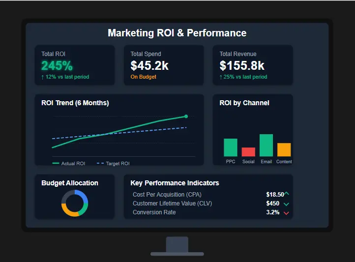 Marketing ROI metrics and performance tracking dashboard