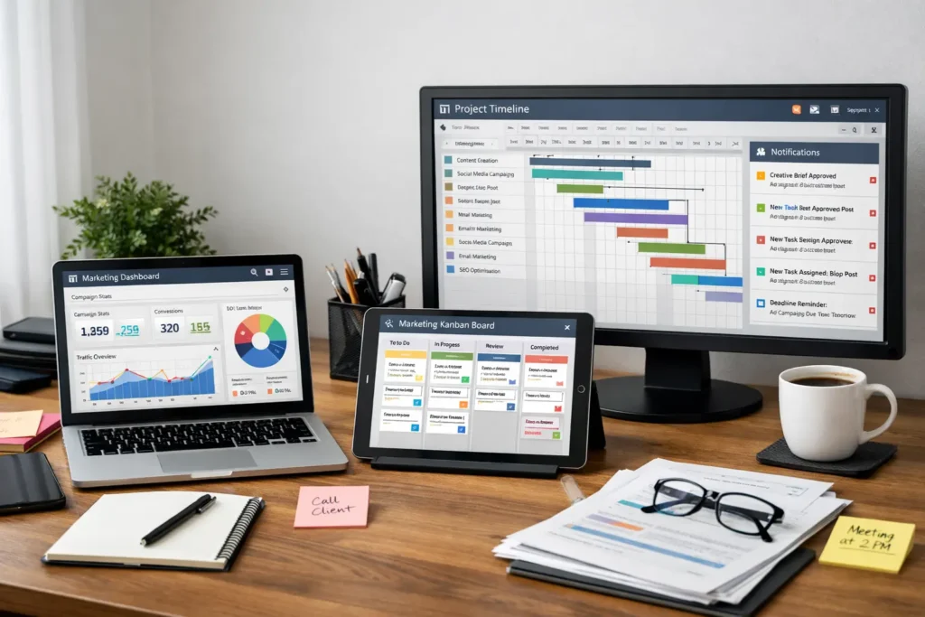 Best Marketing Project Management Tools:Marketing team collaborating on a campaign using project management tools